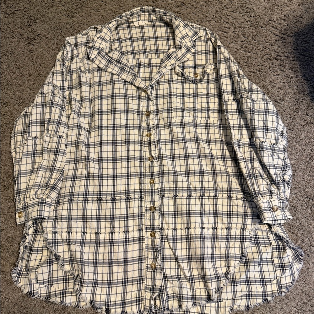 Easel Black and Cream Plaid Button Top